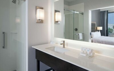 Guest bathroom at Homewood Suites By Hilton Los Angeles International Airport.