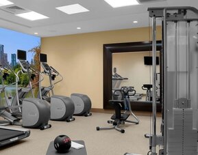 Fully equipped fitness center at Hilton Garden Inn New York/Times Square Central.