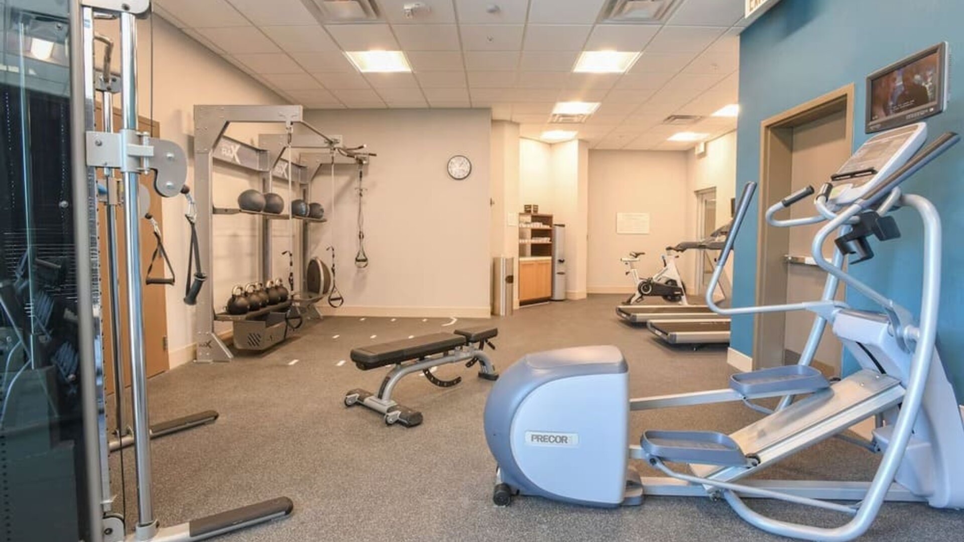 Fully equipped fitness center at Hilton Garden Inn Cincinnati Midtown. 
