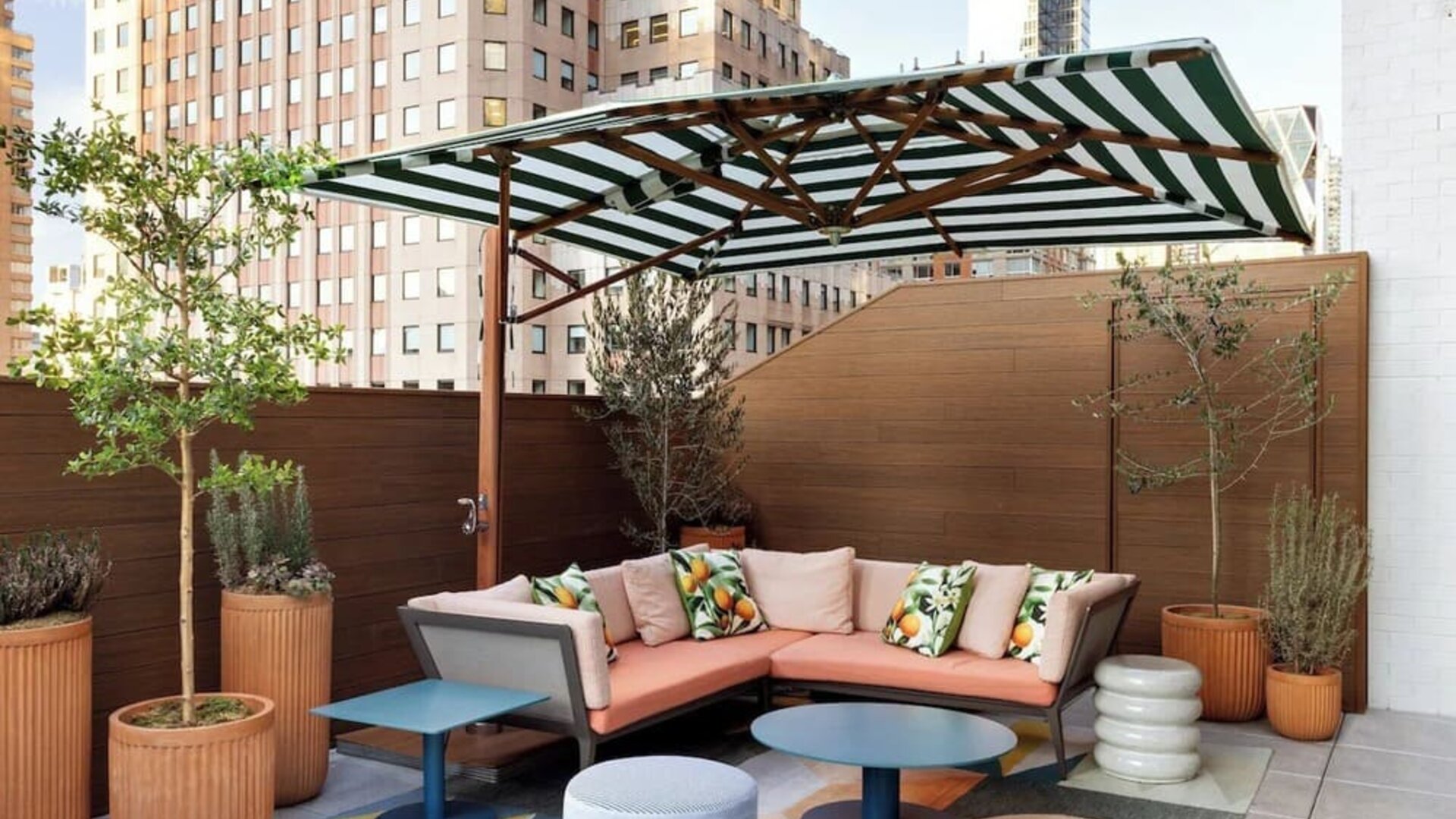 Terrace lounge seating at Kimpton Theta New York - Times Square.