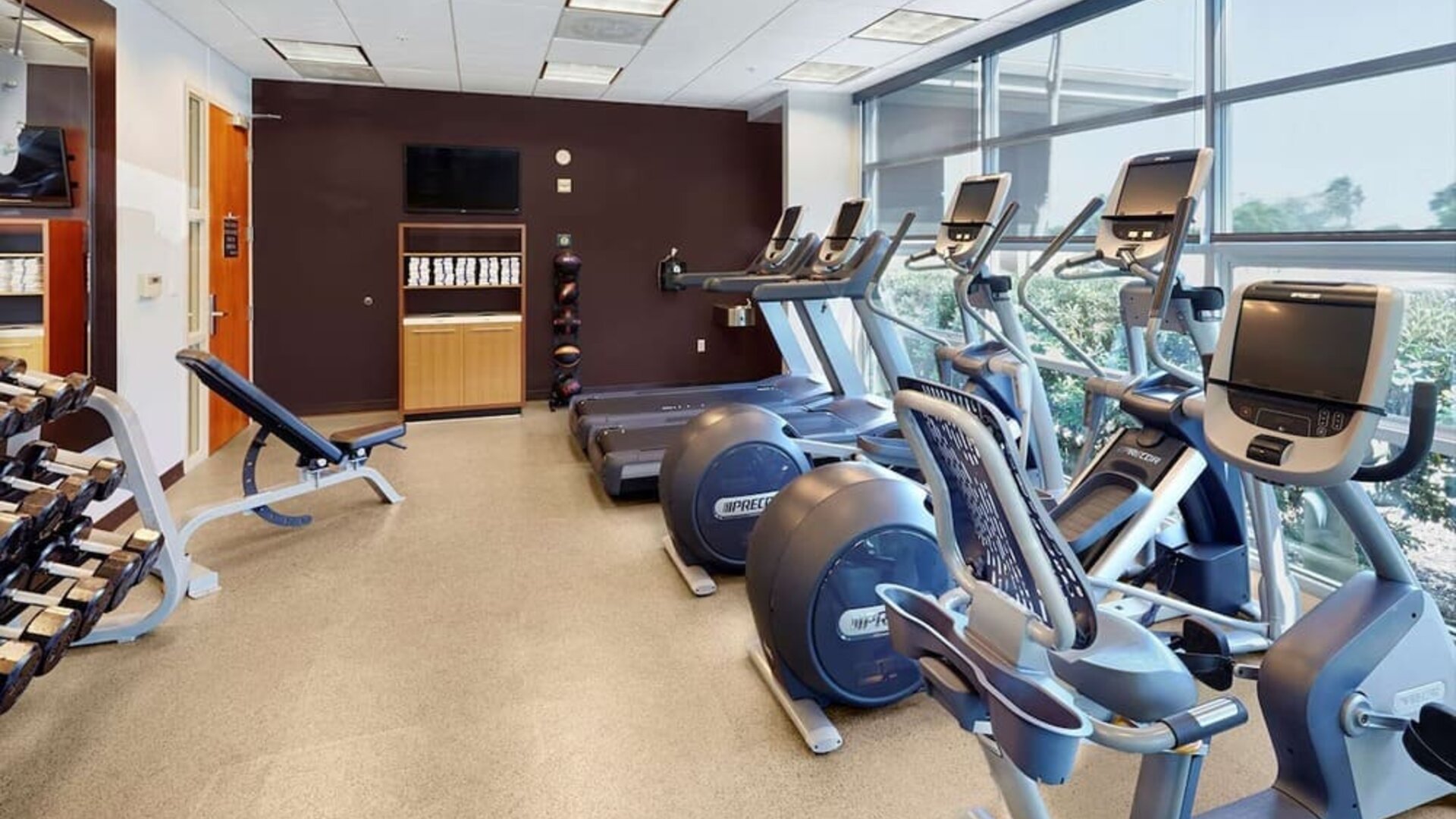 Fully equipped fitness center at DoubleTree By Hilton San Francisco Airport North Bayfront.