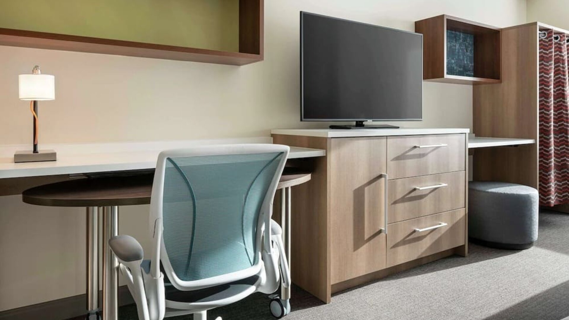 Day use room's workspace at 	Home2 Suites By Hilton Denver Downtown Convention Center.