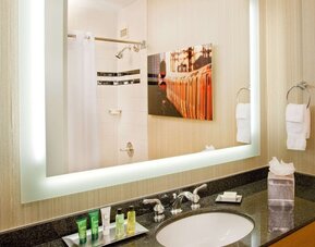 Private guest bathroom with shower and free toiletries at Hilton Newark Airport.