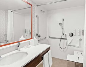 Private guest bathroom with shower and free toiletries at Hampton Inn Chicago/Naperville.