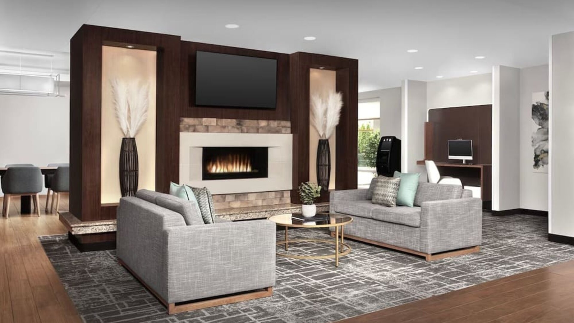 Lobby and coworking lounge at TownePlace Suites Franklin Cool Springs.