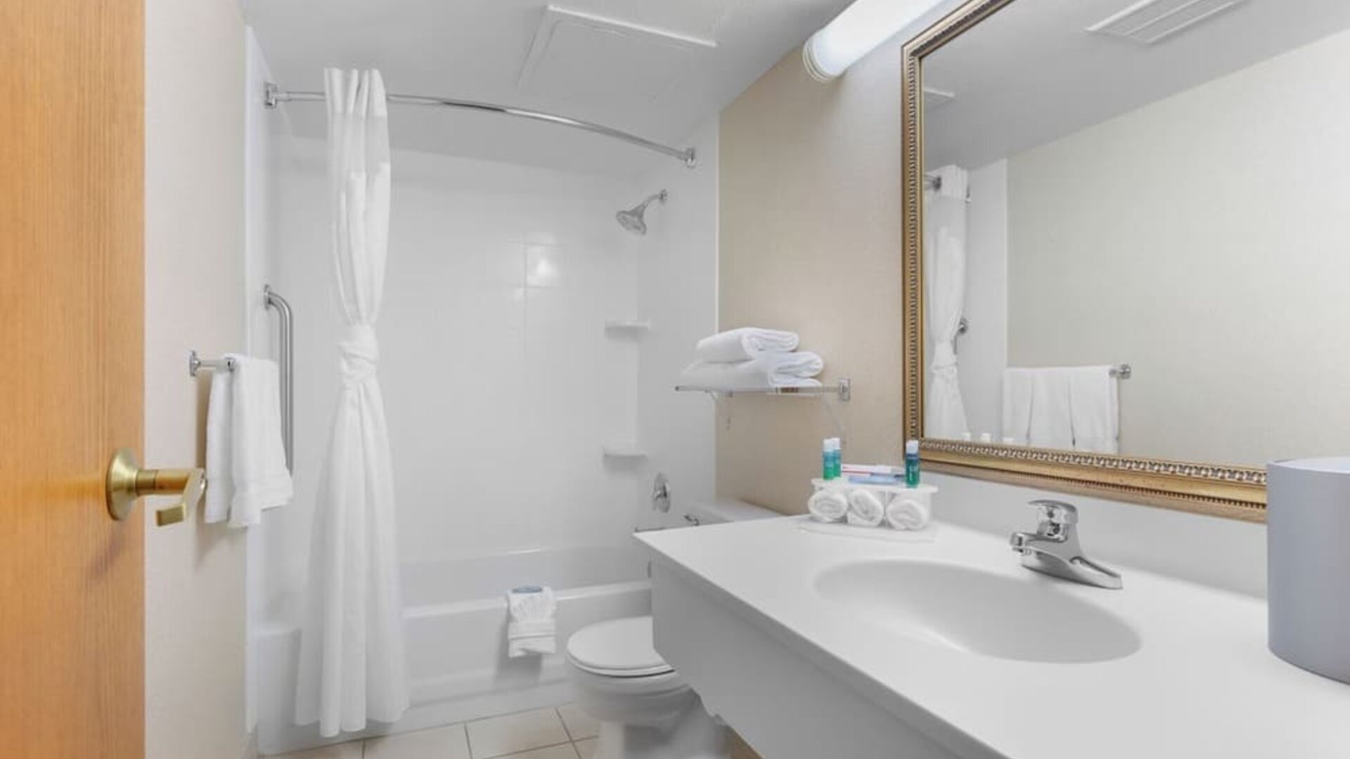 Private guest bathroom with combined shower and tub at Holiday Inn Express Chicago - Downers Grove.