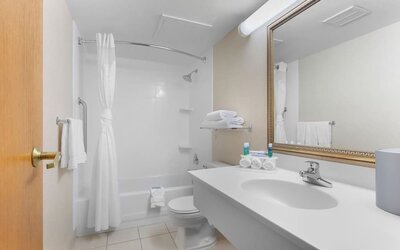 Private guest bathroom with combined shower and tub at Holiday Inn Express Chicago - Downers Grove.