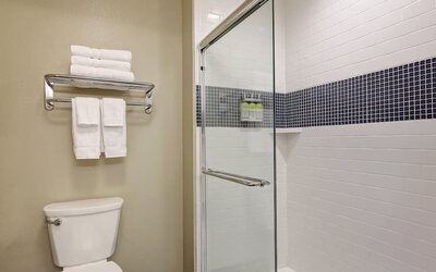 Private gueest bathroom with shower and free toiletries at Staybridge Suites Washington D.C.- Greenbelt.