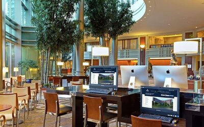 Lobby lounge and workspace at Hilton Boston Logan Airport