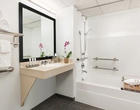Guest bathroom with shower and tub at Hotel Studio Allston.