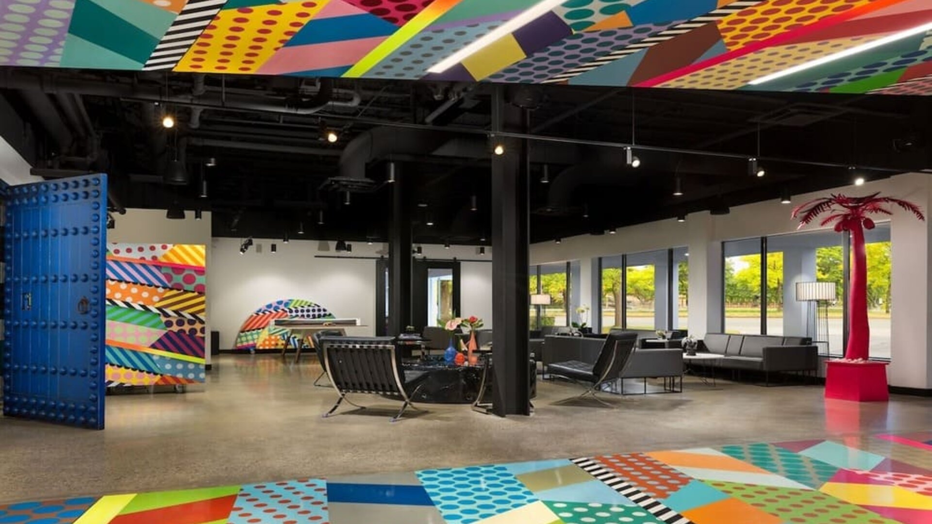 Lobby and coworking lounge at Hotel Studio Allston.