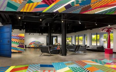 Lobby and coworking lounge at Hotel Studio Allston.