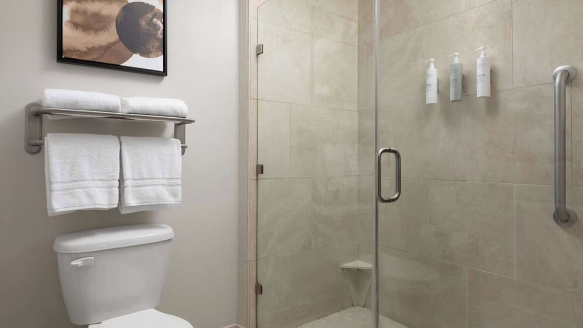 Private guest bathroom with shower at Homewood Suites By Hilton Shreveport / Bossier City, LA.
