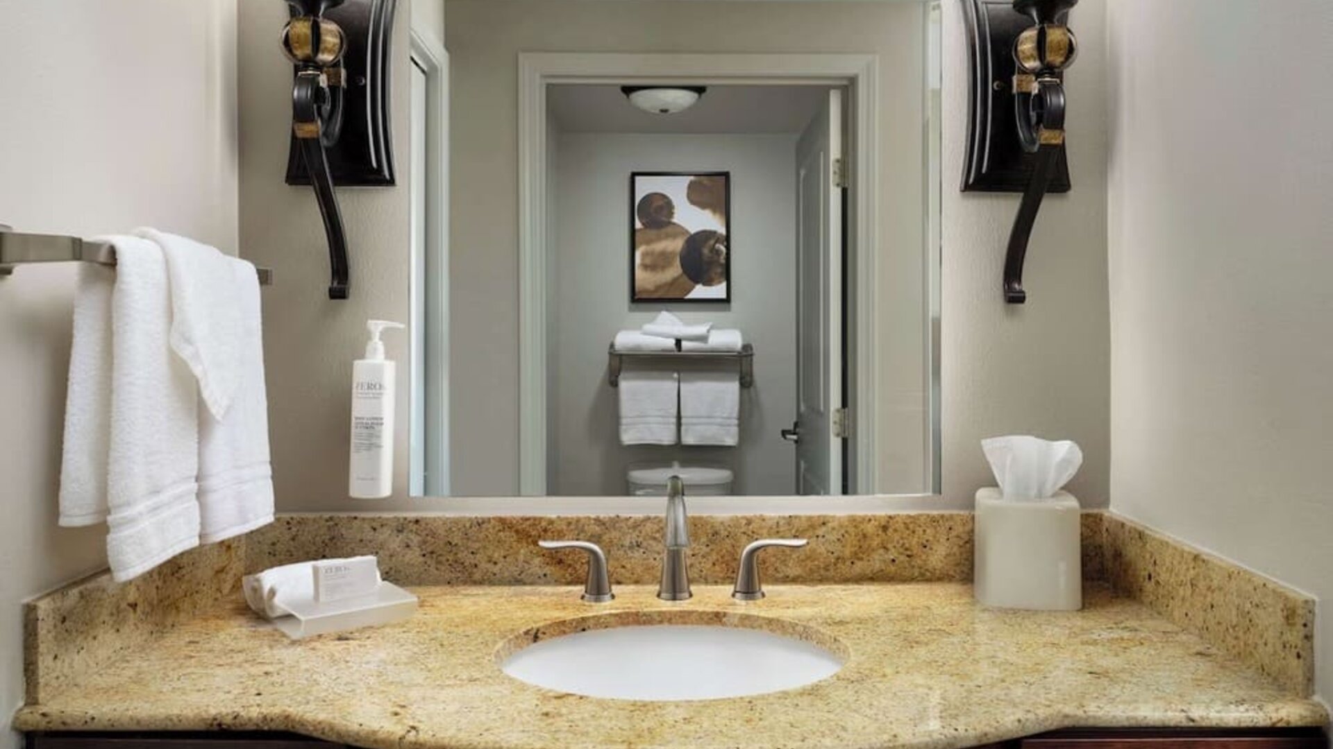 Private guest bathroom with free toiletries at Homewood Suites By Hilton Shreveport / Bossier City, LA.