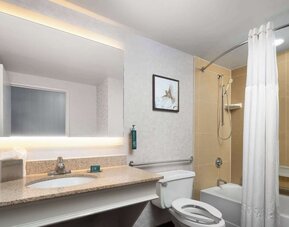 Private guest bathroom with combined shower and tub at DoubleTree By Hilton Hartford - Bradley Airport.