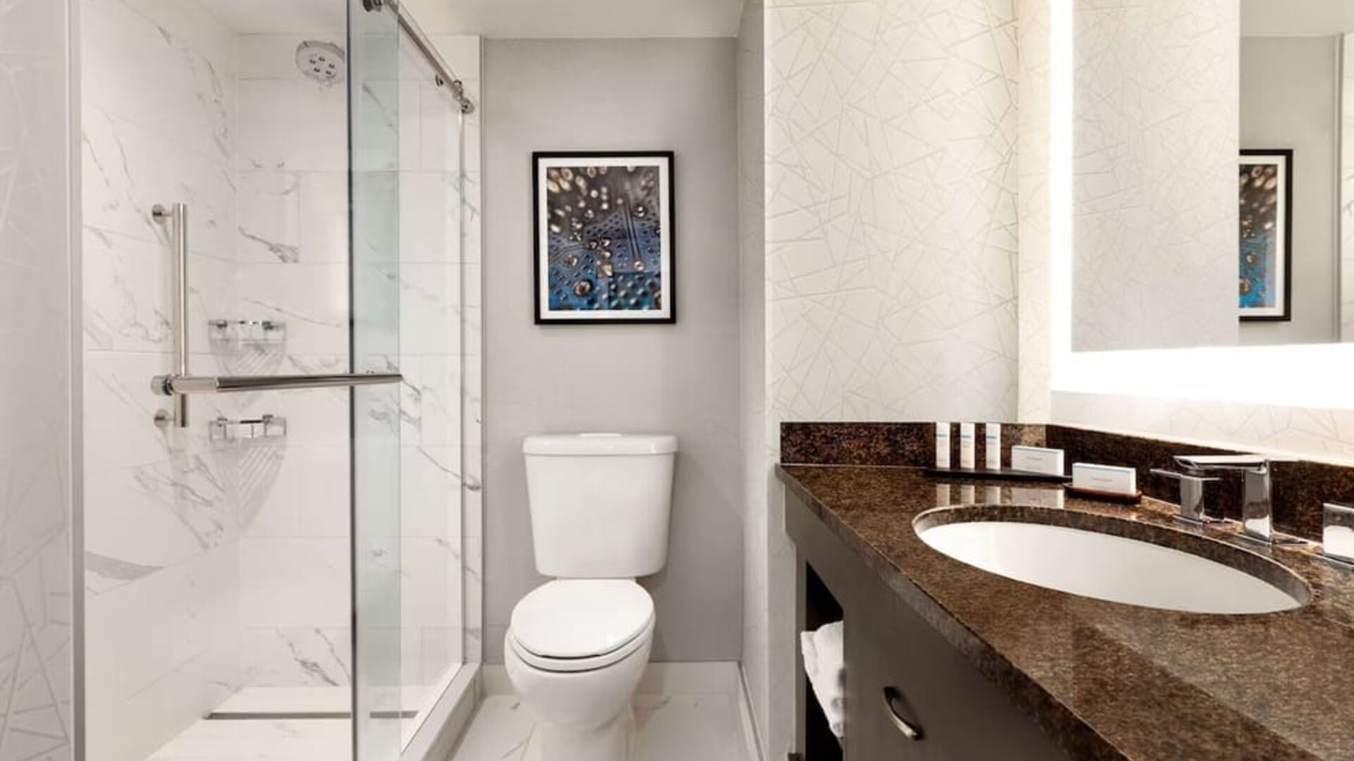 Private guest bathroom with shower at Embassy Suites By Hilton Santa Clara Silicon Valley.