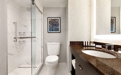 Private guest bathroom with shower at Embassy Suites By Hilton Santa Clara Silicon Valley.