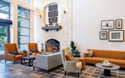 Lobby and coworking lounge at Hilton San Antonio Hill Country.