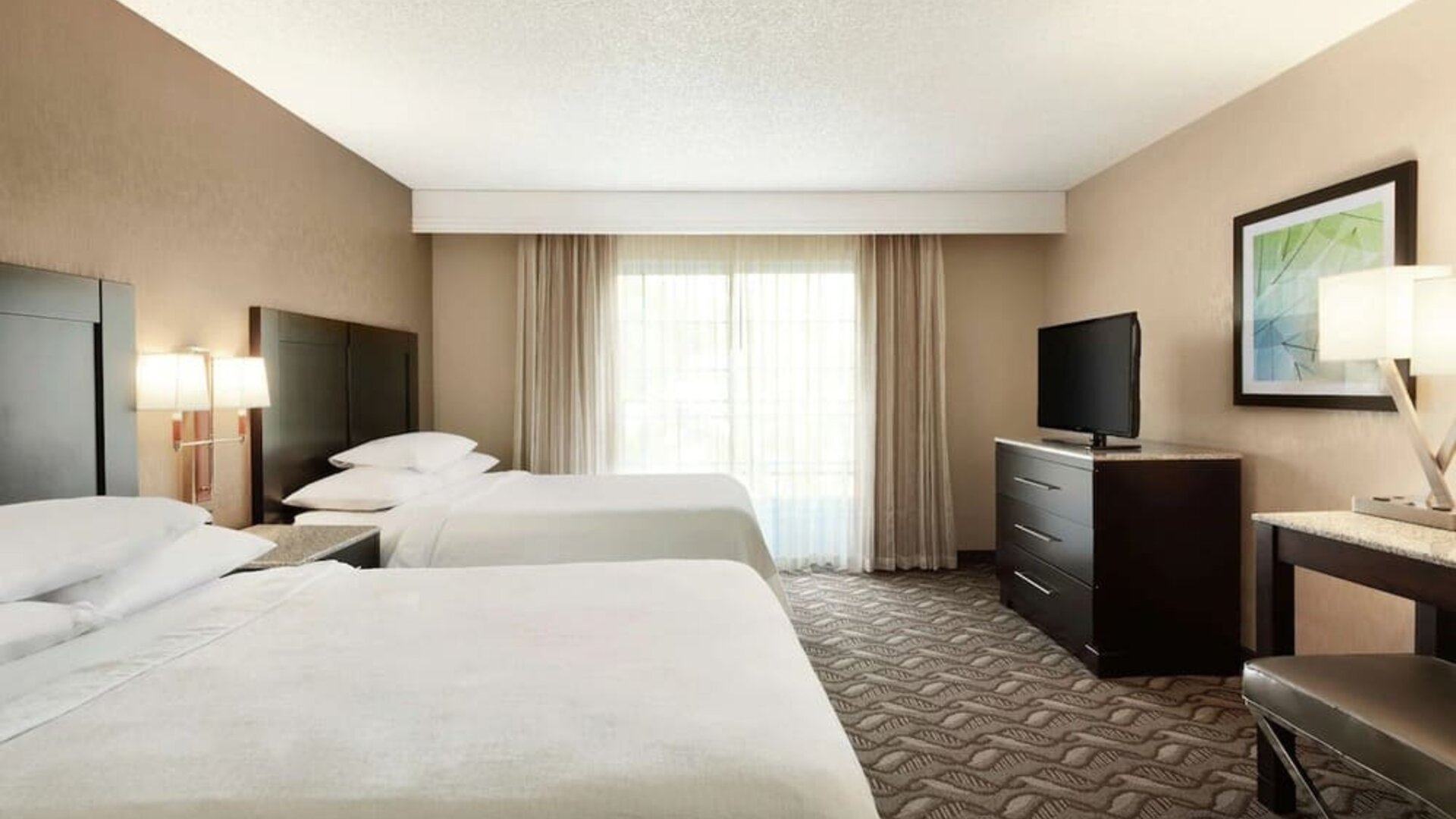 Day use twin room with work desk at Embassy Suites By Hilton Arcadia Pasadena Area.