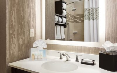 Private guest bathroom with shower and free toiletries at Hampton Inn Manhattan/Times Square Central.