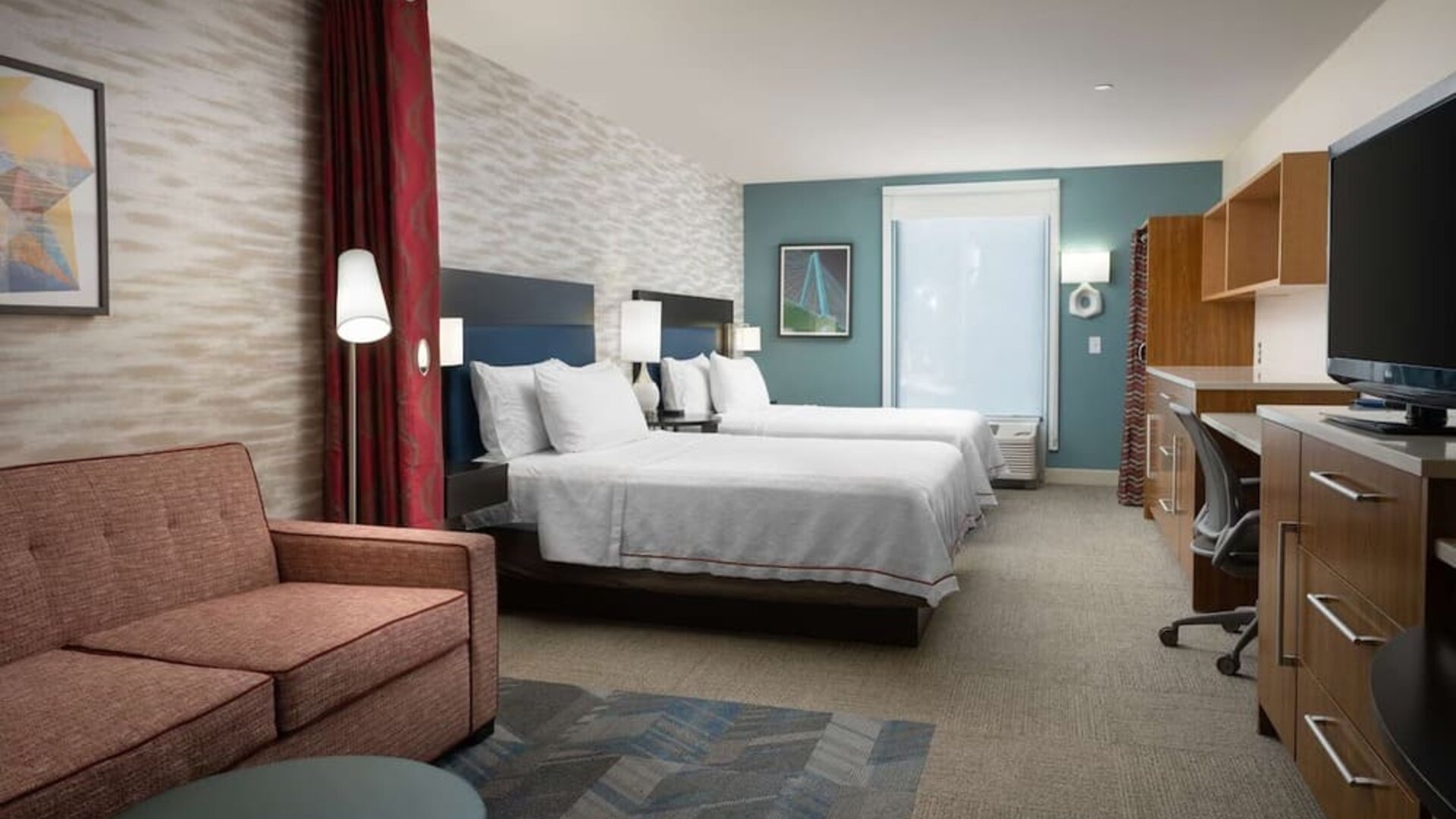 Day use twin room with work desk and living area at Home2 Suites By Hilton Charleston Airport/Convention Center.