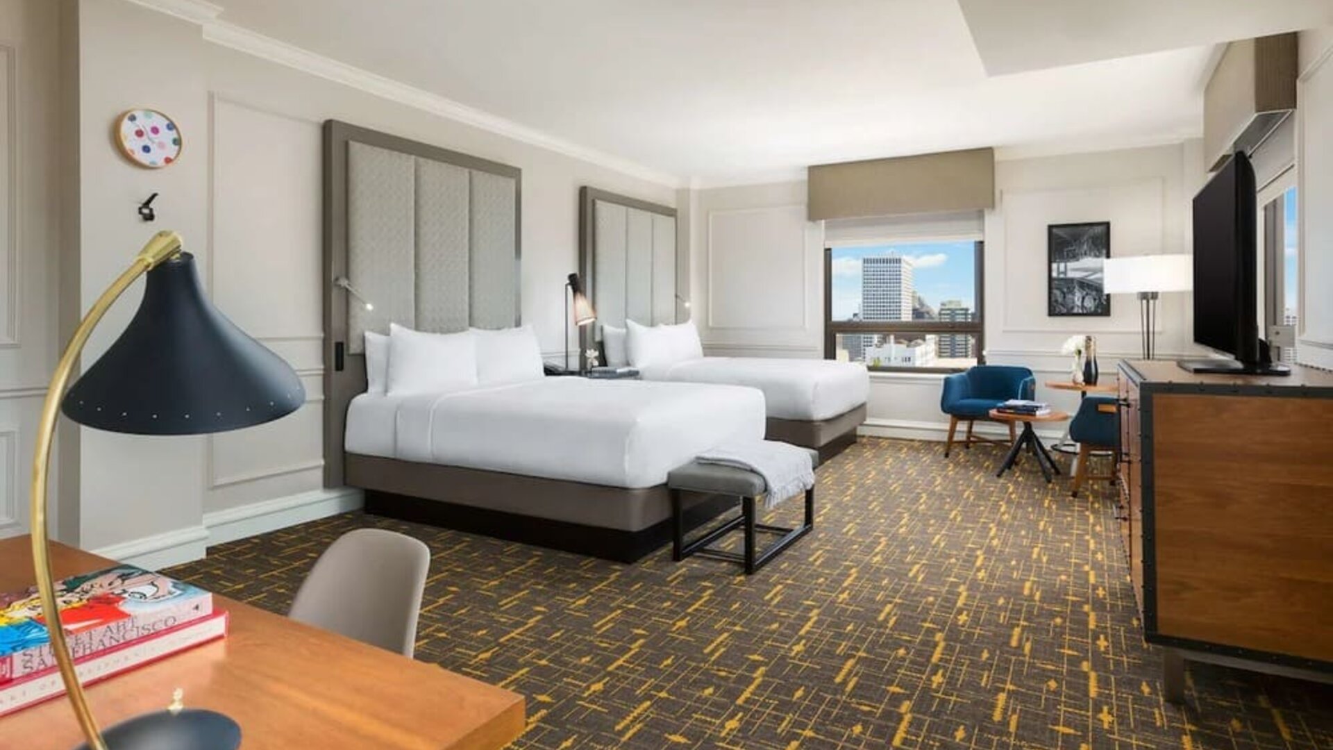 Bright and spacious day use twin room with work desk at Stanford Court San Francisco.