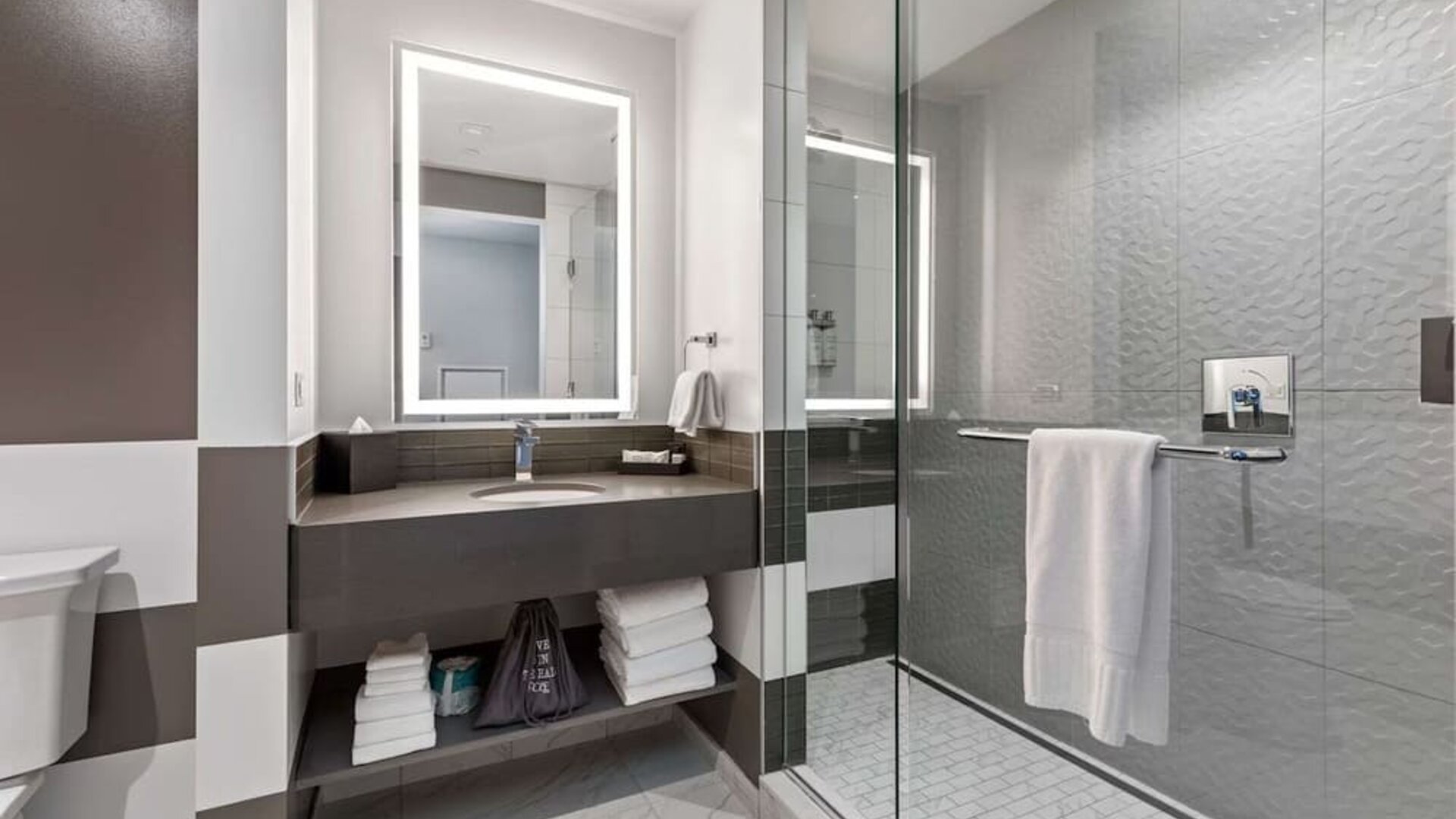 Private guest bathroom with shower and free toiletries at The Rose Hotel Chicago O’Hare, Tapestry Collection By Hilton.