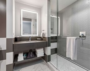 Private guest bathroom with shower and free toiletries at The Rose Hotel Chicago O’Hare, Tapestry Collection By Hilton.