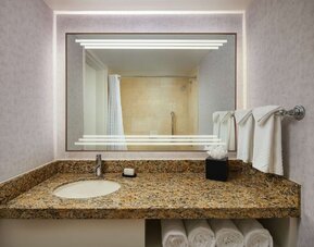 Private guest bathroom with shower and free toiletries at Embassy Suites By Hilton West Palm Beach Central.