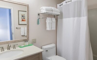 Private guest bathroom with shower and free toiletries at Sea Crest Beach Hotel.