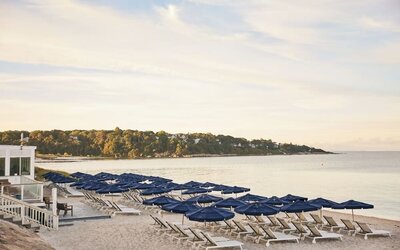 Beach lounge chairs at Sea Crest Beach Hotel.