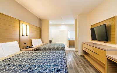 Day use twin room with private bathroom and workspace at Palace Inn Blue IAH East.