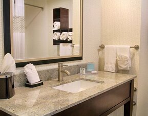 Private guest bathroom with shower and free toiletries at Hampton Inn & Suites Trophy Club - Fort Worth North, TX.