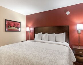 King bed at Red Roof PLUS+ & Suites Houston - IAH Airport SW.