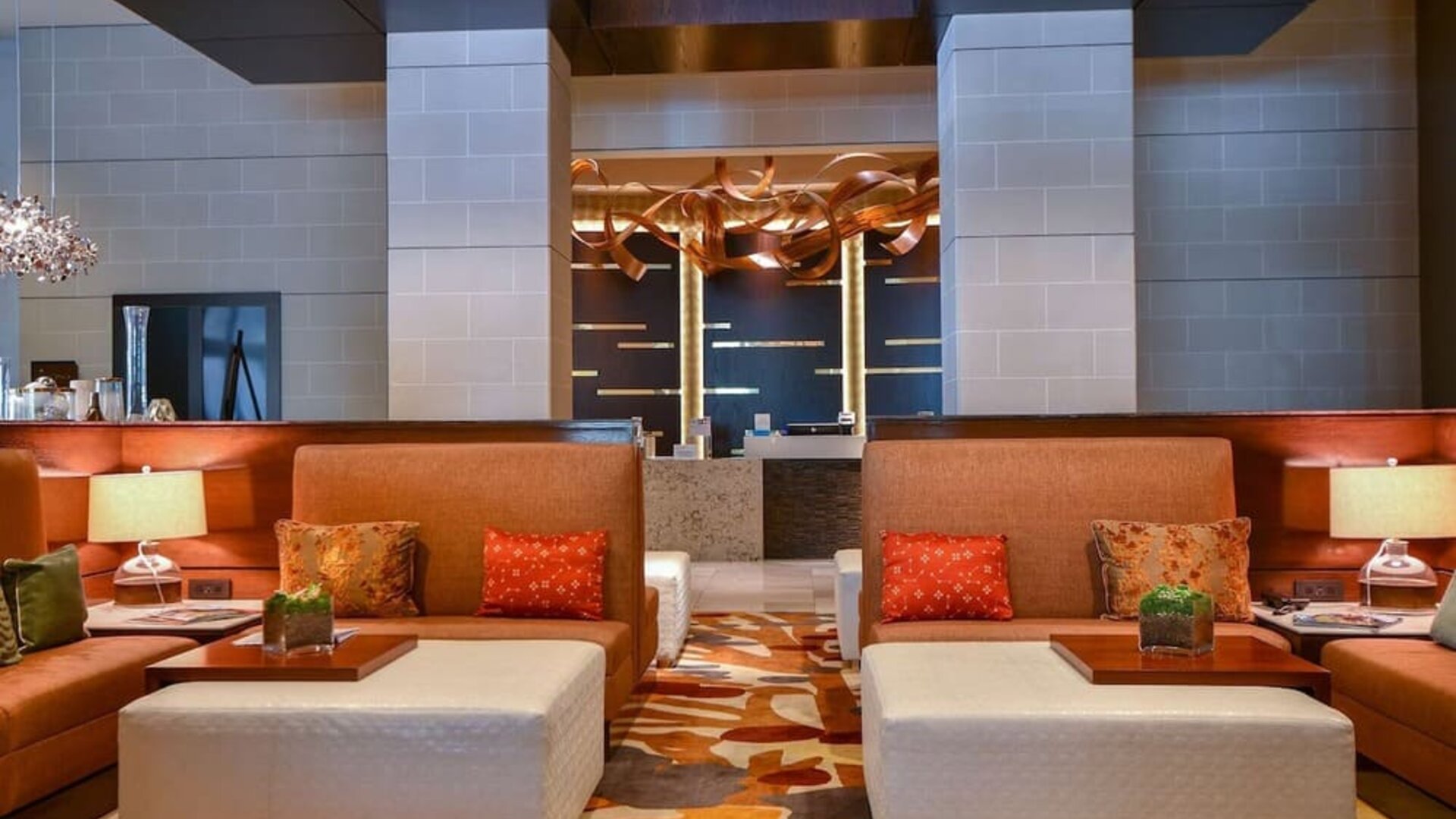 Lobby lounge seating at Hilton Dallas/ Plano Granite Park.