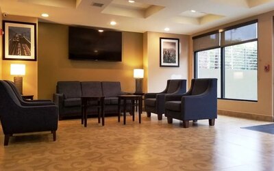 Lobby lounge area at Days Inn By Wyndham Brooklyn Marine Park.