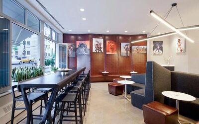 Lobby lounge area and workspace at Nu Hotel - Brooklyn.
