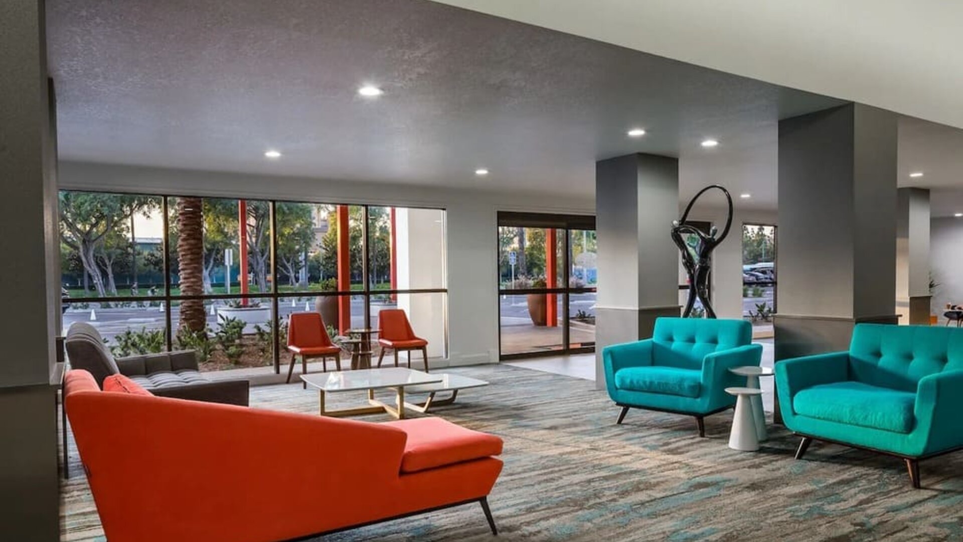 Lobby and coworking lounge at The Anaheim Hotel.