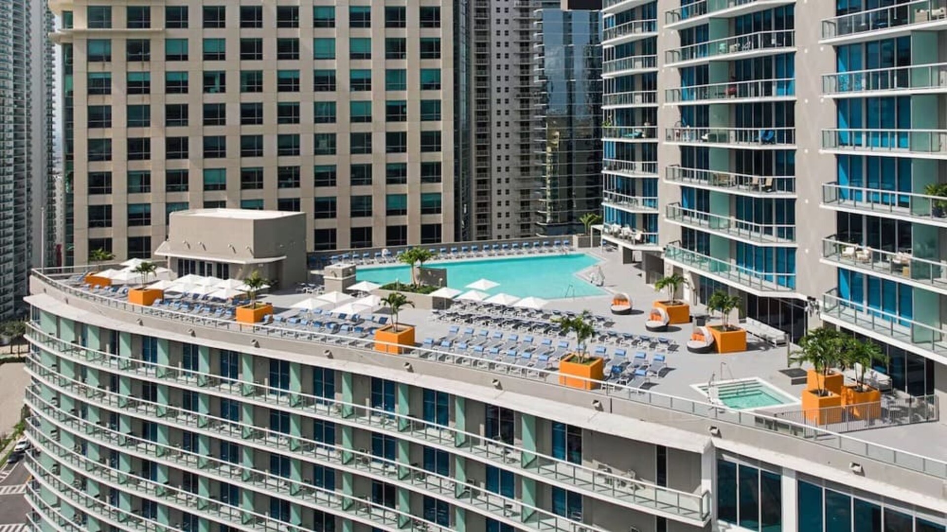 Aerial view of the rooftop pool at Hyatt Centric Brickell Miami.
