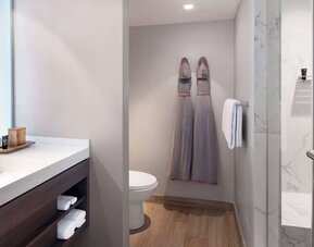 Guest bathroom with shower and free toiletries at Hyatt Centric Miami South Beach.