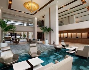 Lobby workspace, perfect for coworking at Hilton Miami Airport Blue Lagoon.