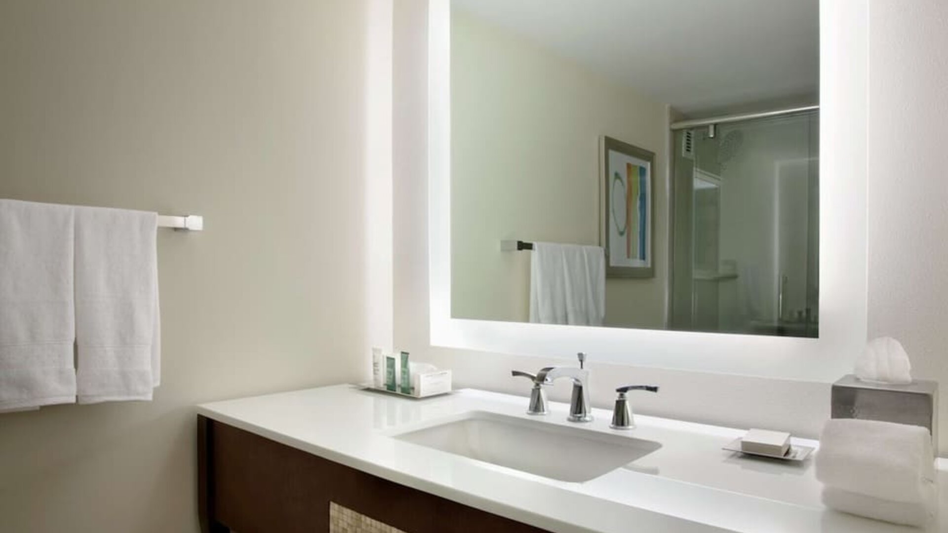 Private guest bathroom with shower and free toiletries at Hilton Miami Airport Blue Lagoon.