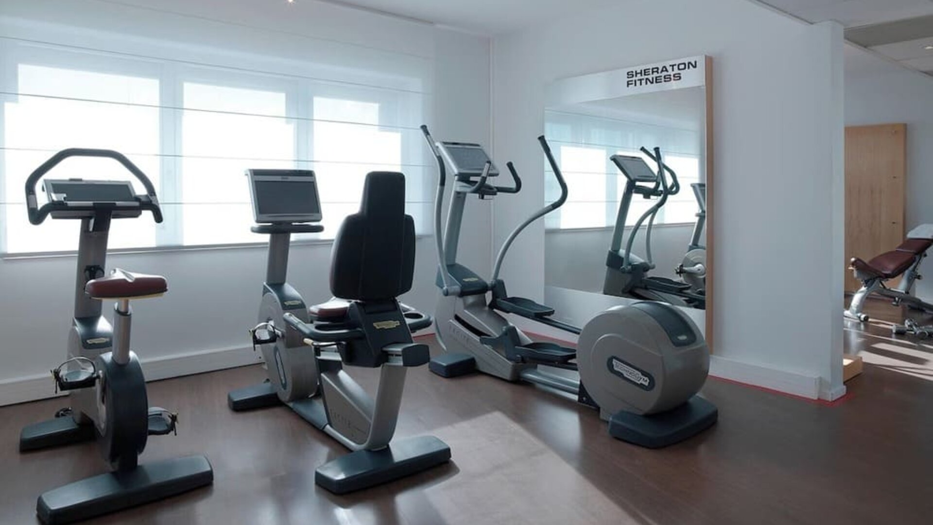 Fitness center at Sheraton Paris Charles De Gaulle Airport Hotel.