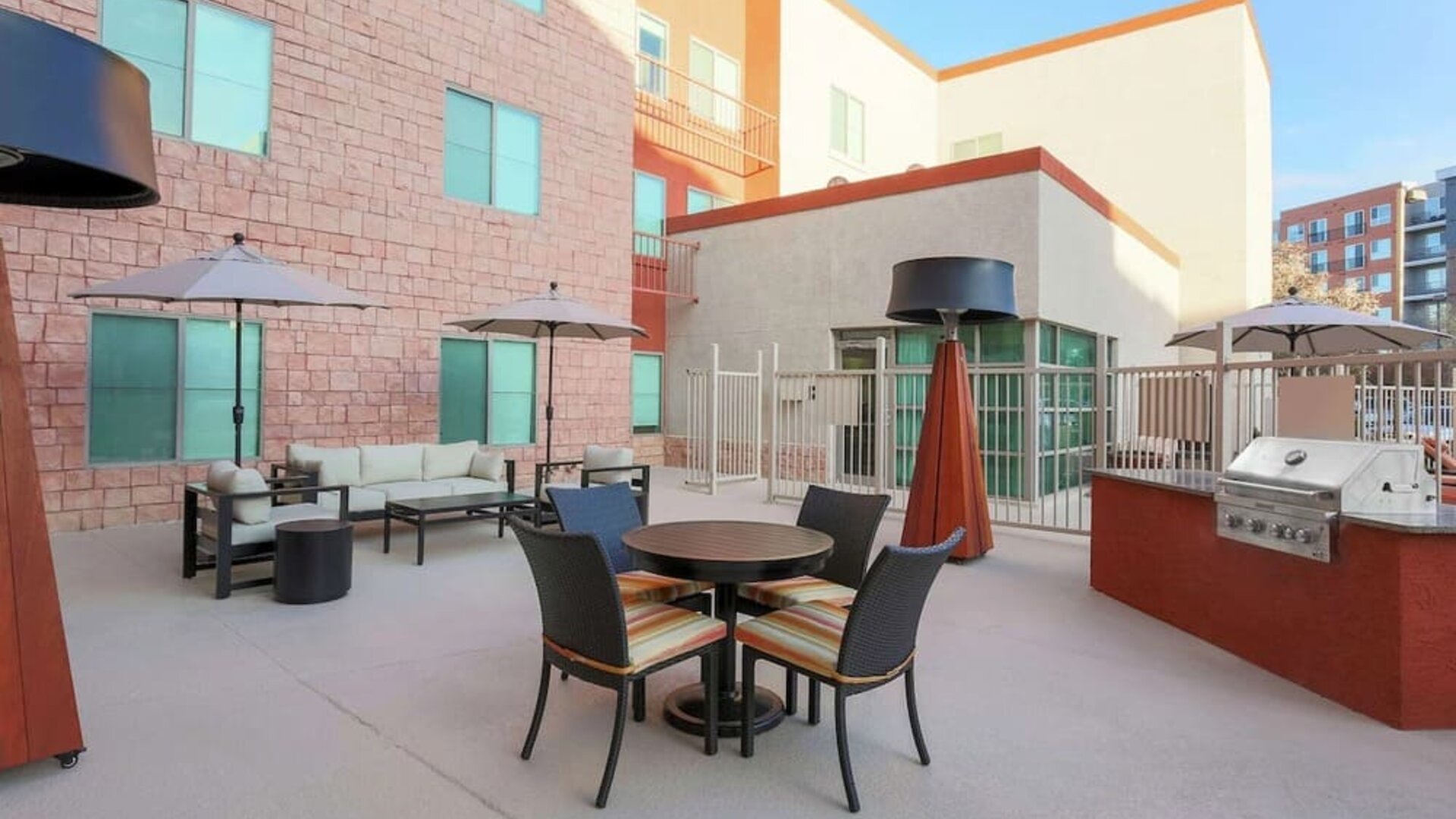 Outdoor terrace seating at Hampton Inn & Suites Denver Tech Center.
