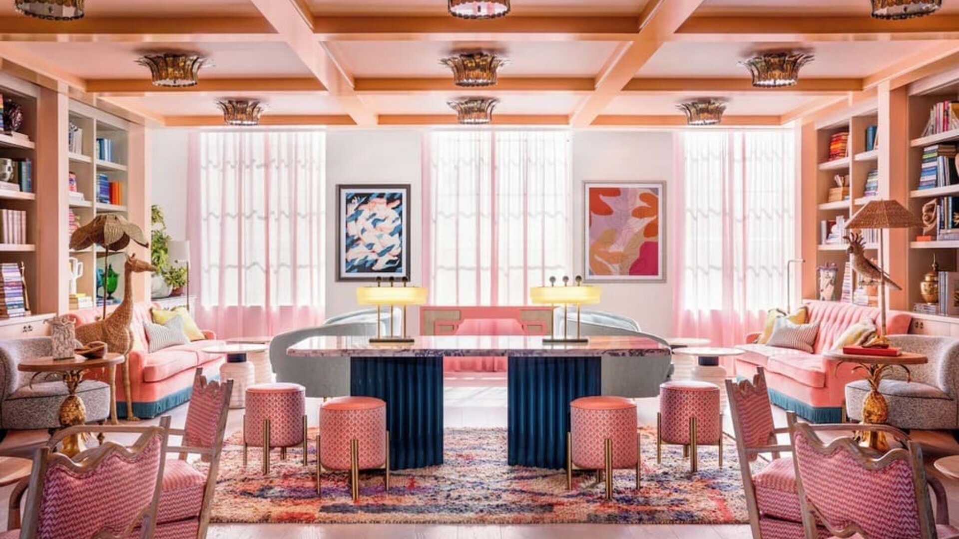 Hotel library, lounge area and workspace at The Goodtime Hotel.