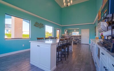 Dining and kitchen at Hotel Bliss Kemah Boardwalk.