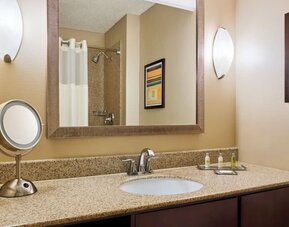 Guest bathroom at DoubleTree By Hilton Houston Intercontinental Airport.