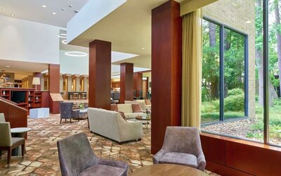 Coworking lounge at DoubleTree By Hilton Houston Intercontinental Airport.