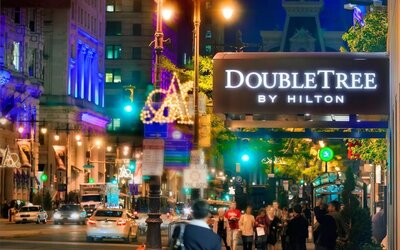 Hotel sign at DoubleTree By Hilton Philadelphia Center City.