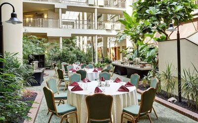 Outdoor seating and terrace at Embassy Suites By Hilton Parsippany.